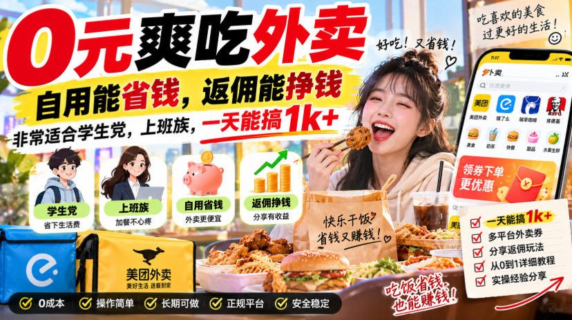 0元爽吃外卖，自用能省钱，返佣能挣钱，非常适合学生党，上班族，一天能搞1k+-资源后花园