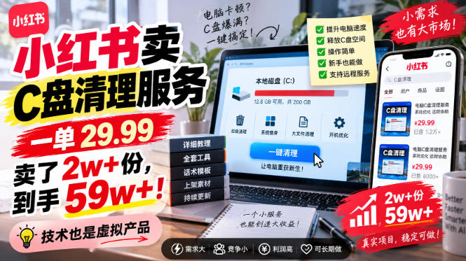 小红书卖C盘清理服务，一单29.99，卖了2w+份，技术也是虚拟产品-资源后花园