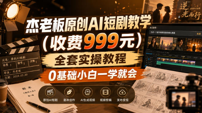 杰老板原创AI短剧教学(收费999元)，全套实操教程，0基础小白一学就会，非搬运技术-资源后花园