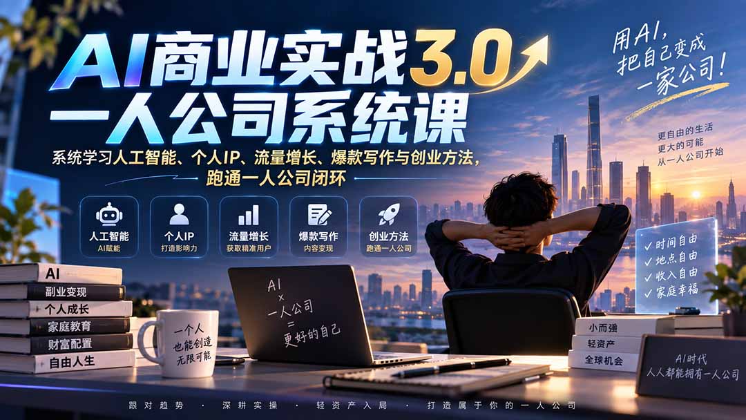 AI商业实战3.0一人公司系统课：系统学习人工智能、个人IP、流量增长、爆款写作与创业方法，跑通一人公司闭环-资源后花园