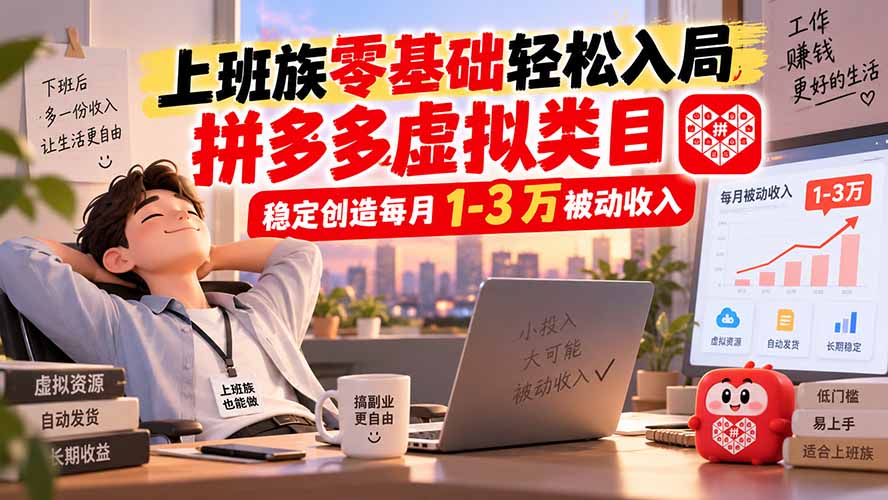 上班族零基础轻松入局，拼多多虚拟类目，稳定创造每月 1-3 万被动收入-资源后花园