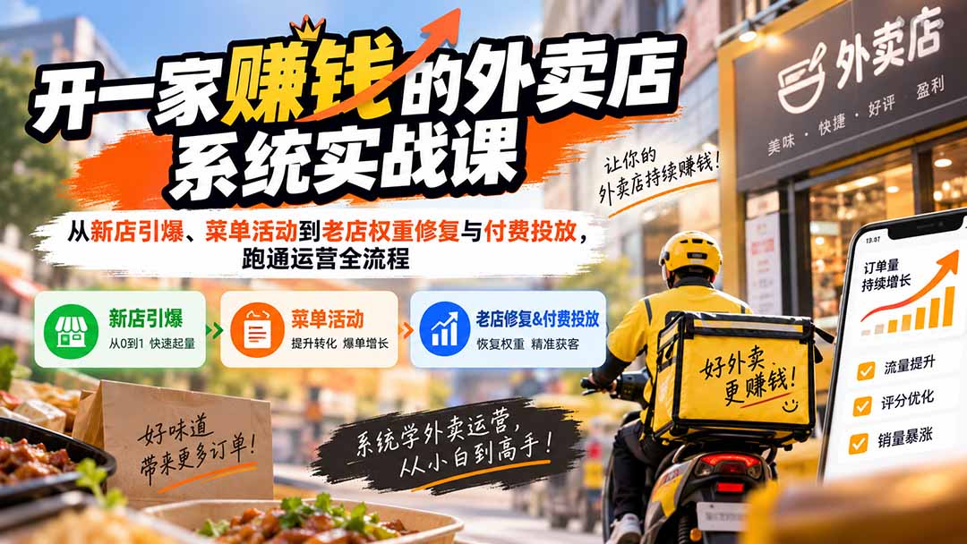 开一家赚钱的外卖店系统实战课：从新店引爆、菜单活动到老店权重修复与付费投放，跑通运营全流程-资源后花园