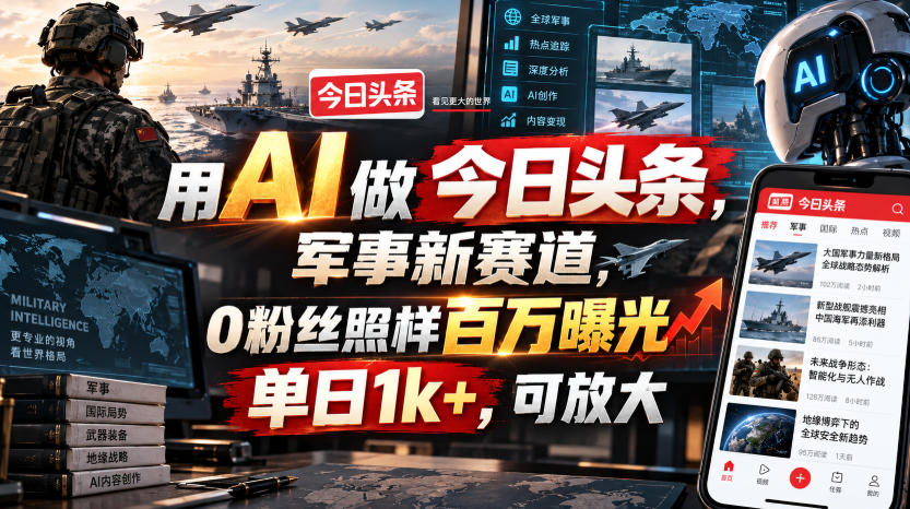 用AI做今日头条，军事新赛道，0粉丝照样百万曝光，单日1k+，可放大-资源后花园