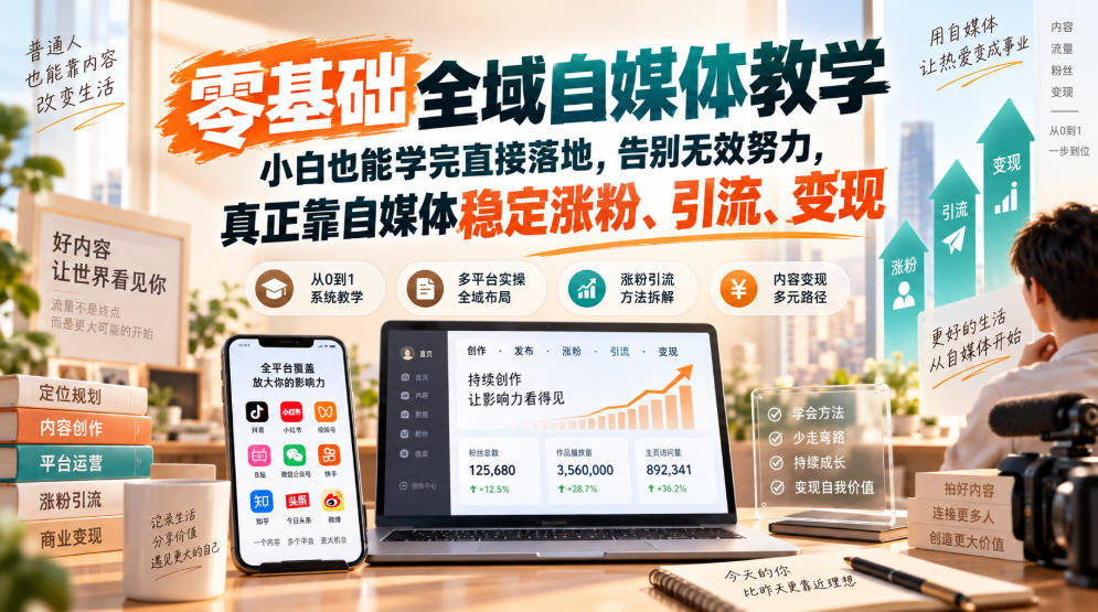 零基础全域自媒体教学，小白也能学完直接落地，告别无效努力，真正靠自媒体稳定涨粉、引流、变现-资源后花园