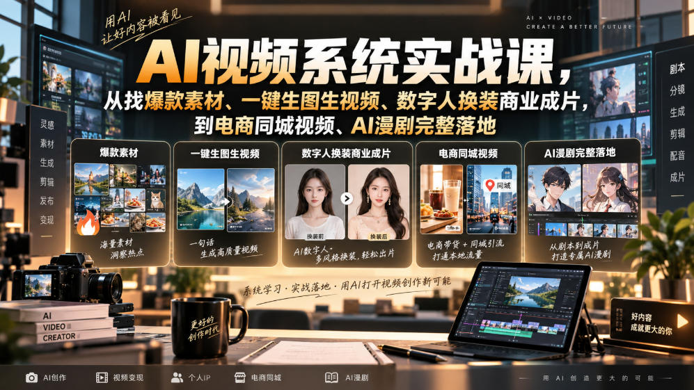 AI视频系统实战课，从找爆款素材、一键生图生视频、数字人换装商业成片，到电商同城视频、AI漫剧完整落地-资源后花园