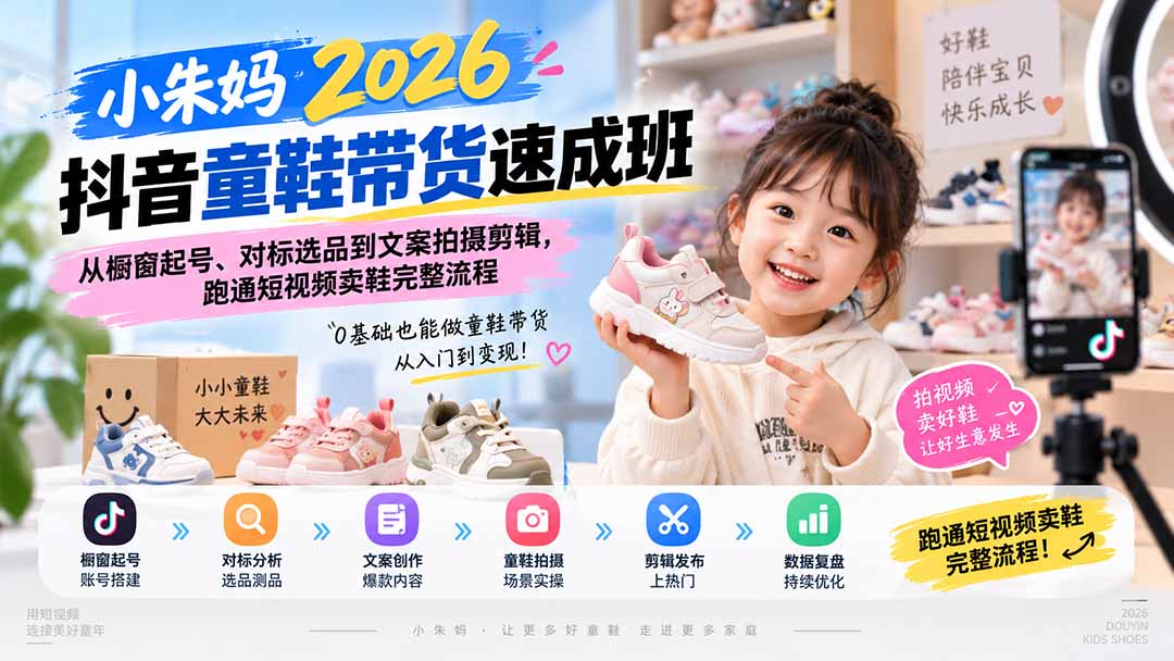 小朱妈2026抖音童鞋带货速成班：从橱窗起号、对标选品到文案拍摄剪辑，跑通短视频卖鞋完整流程-资源后花园