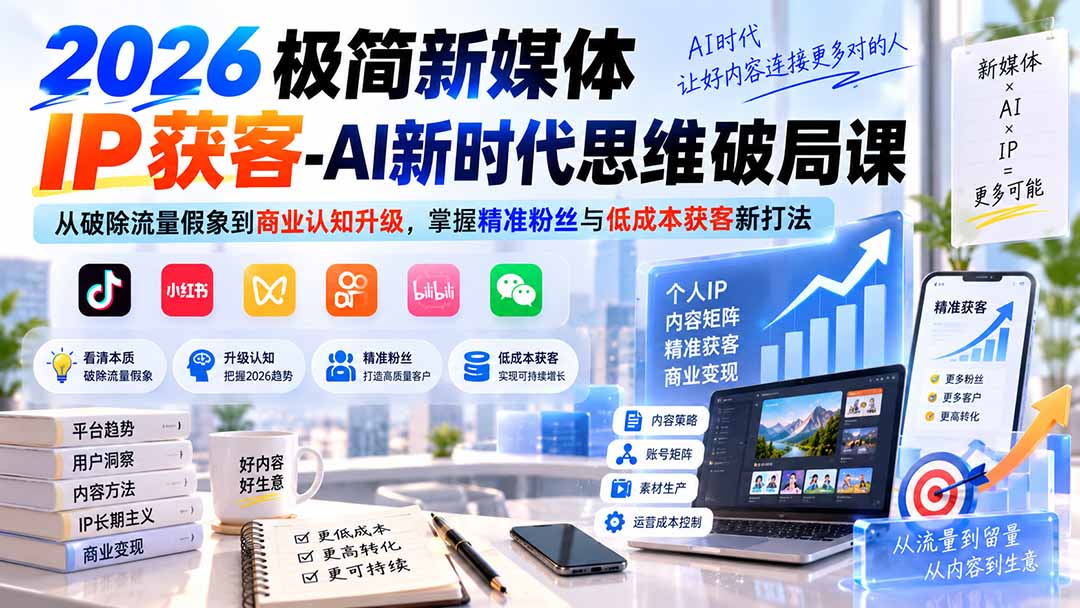 2026极简新媒体IP获客-AI新时代思维破局课：从破除流量假象到商业认知升级，掌握精准粉丝与低成本获客新打法-资源后花园