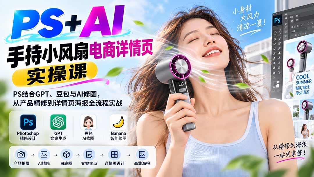 PS+AI手持小风扇电商详情页实操课：PS结合GPT、豆包与AI修图，从产品精修到详情页海报全流程实战-资源后花园