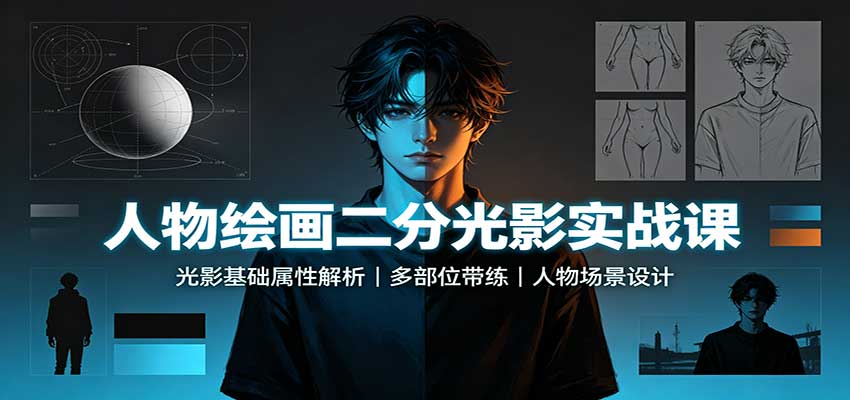 人物绘画二分光影实战课：光影基础属性解析，多部位带练，人物场景设计-资源后花园