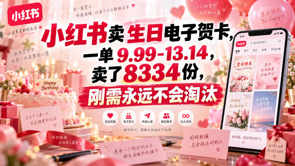 小红书卖生日电子贺卡，一单9.99-13.14，卖了8334份，刚需永远不会淘汰-资源后花园