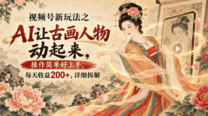 视频号新玩法之AI让古画人物动起来，操作简单好上手，每天收益200+，详细拆解-资源后花园