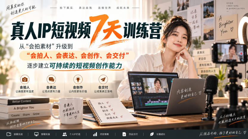真人IP短视频7天训练营，从“会拍素材”升级到“会拍人、会表达、会创作、会交付”，逐步建立可持续的短视频创作能力-资源后花园