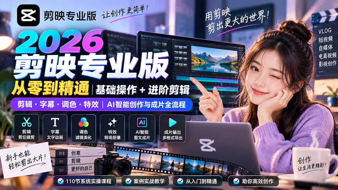 2026剪映专业版从零到精通｜基础操作+进阶剪辑｜剪辑·字幕·调色·特效｜AI智能创作与成片全流程-资源后花园