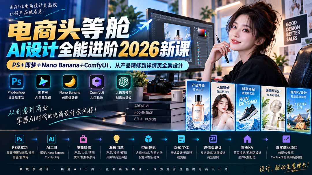 电商头等舱AI设计全能进阶2026新课：PS+即梦+Nano Banana+ComfyUI，从产品精修到详情页全案设计-资源后花园