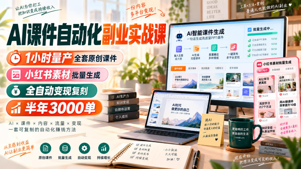 AI课件自动化副业实战课，1小时量产全套原创课件，小红书素材批量生成，全自动变现复刻，半年3000单-资源后花园