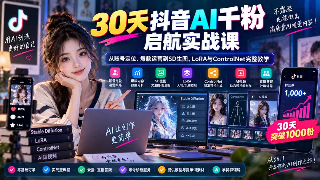 30天抖音AI千粉启航实战课：从账号定位、爆款运营到SD生图、LoRA与ControlNet完整教学-资源后花园