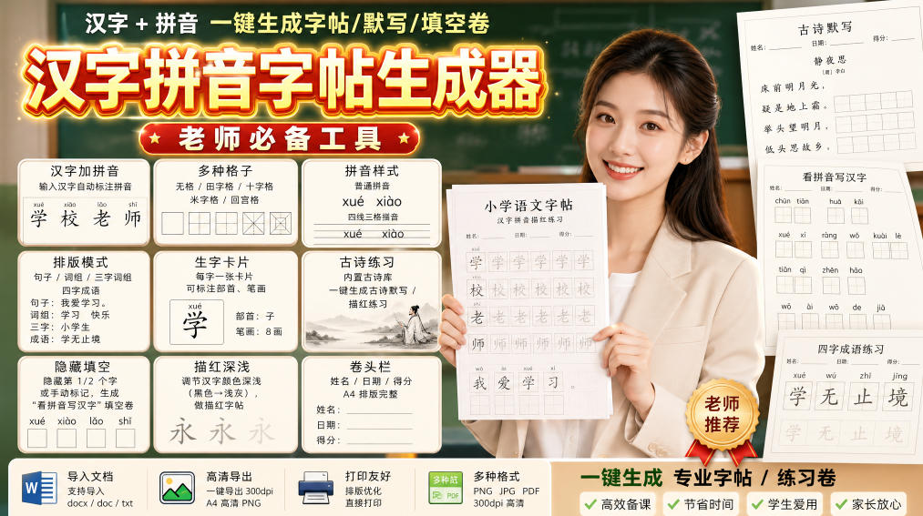 学习神器，汉字拼音字帖生成器，汉字+拼音 一键生成字帖/默写/填空卷，支持词组、成语，老师、家长必备-资源后花园
