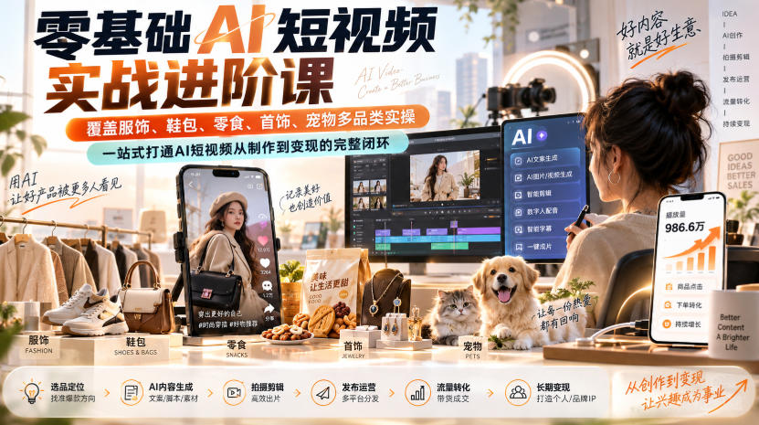 零基础AI短视频实战进阶课，覆盖服饰、鞋包、零食、首饰、宠物多品类实操，一站式打通AI短视频从制作到变现的完整闭环-资源后花园