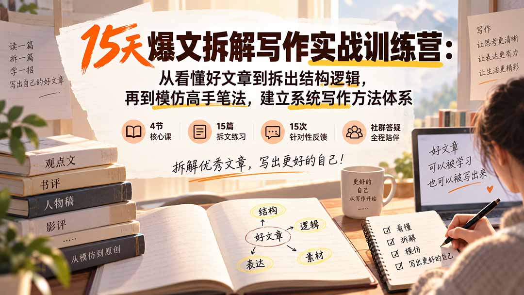 15天爆文拆解写作实战训练营：从看懂好文章到拆出结构逻辑，再到模仿高手笔法，建立系统写作方法体系-资源后花园