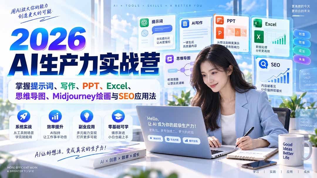 2026AI生产力实战营：掌握提示词、写作、PPT、Excel、思维导图、Midjourney绘画与SEO应用法-资源后花园