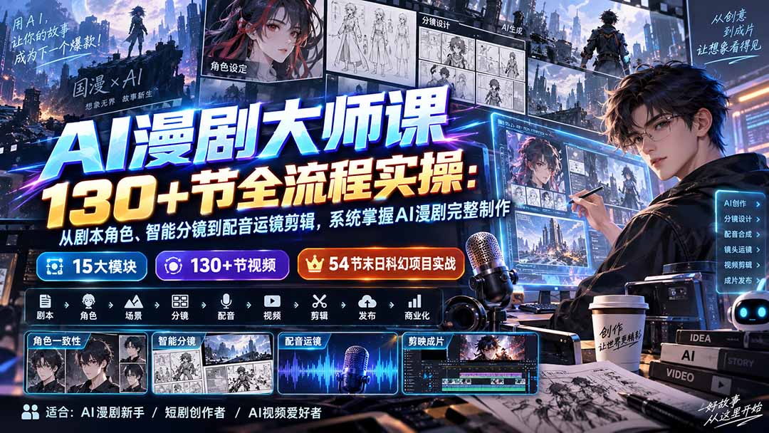 AI漫剧大师课130+节全流程实操：从剧本角色、智能分镜到配音运镜剪辑，系统掌握AI漫剧完整制作-资源后花园