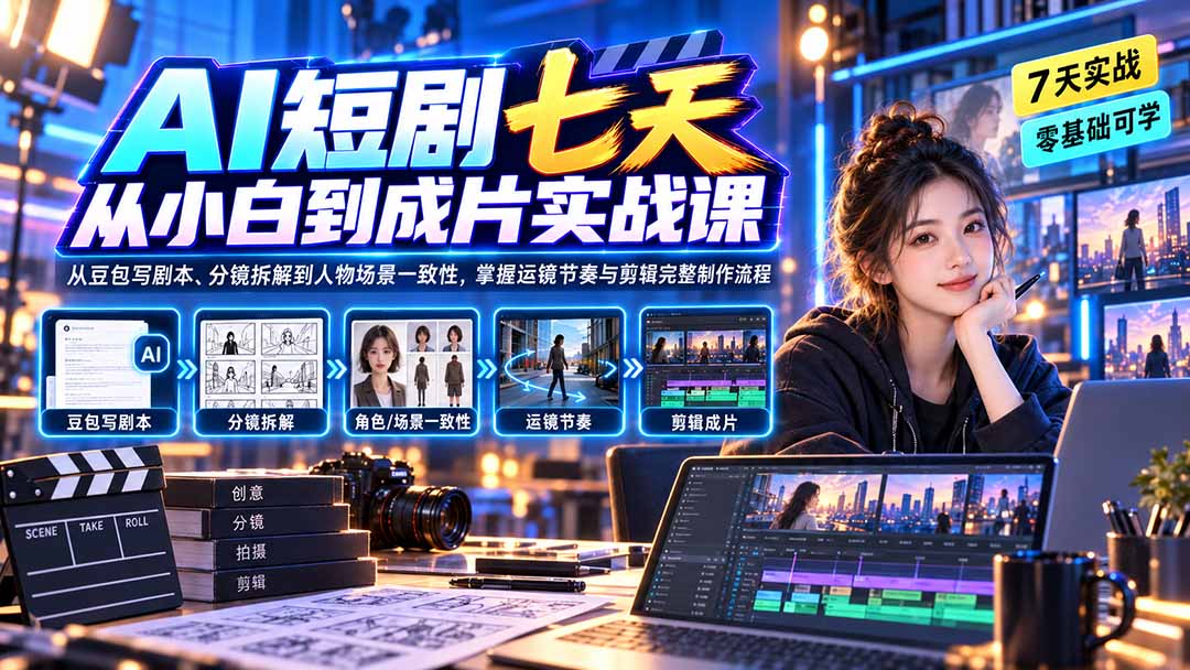 AI短剧七天从小白到成片实战课：从豆包写剧本、分镜拆解到人物场景一致性，掌握运镜节奏与剪辑完整制作流程-资源后花园
