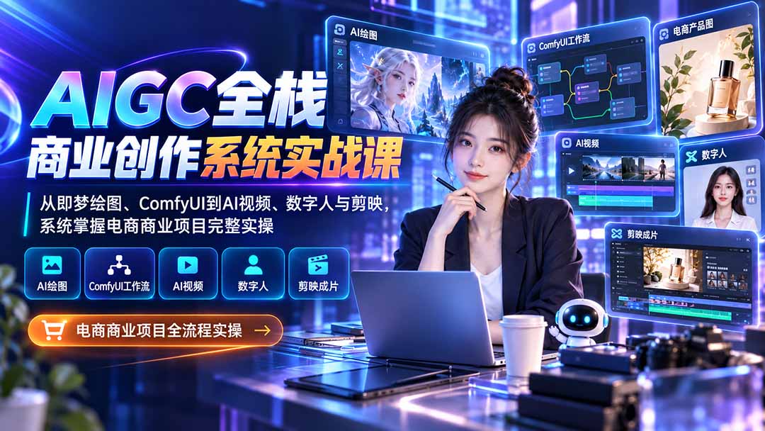 AIGC全栈商业创作系统实战课:从即梦绘图、ComfyUI到AI视频、数字人与剪映,系统掌握电商商业项目完整实操