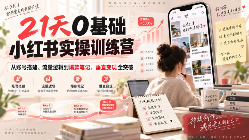 21天0基础小红书实操训练营｜从账号搭建、流量逻辑到爆款笔记、垂直变现全突破-资源后花园