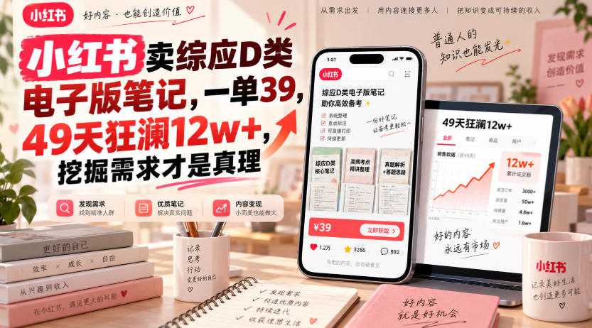 小红书卖综应D类电子版笔记，一单39，49天狂澜12w+，挖掘需求才是真理-资源后花园