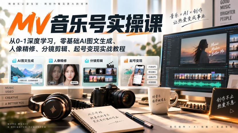 AI MV音乐号实操课，从0-1深度学习，零基础AI图文生成、人像精修、分镜剪辑、起号变现实战教程-资源后花园