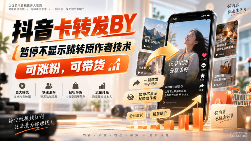抖音卡转发搬运,暂停不显示跳转原作者技术,可涨粉,可带货-资源后花园