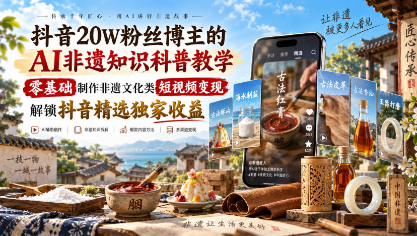 抖音20W粉丝博主的AI非遗知识科普教学，零基础制作非遗文化类短视频变现，解锁抖音精选独家收益-资源后花园
