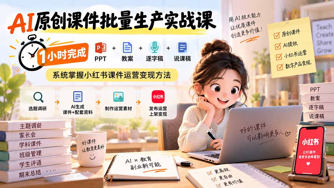 AI原创课件批量生产实战课：1小时完成PPT+教案+逐字稿+说课稿，系统掌握小红书课件运营变现方法-资源后花园