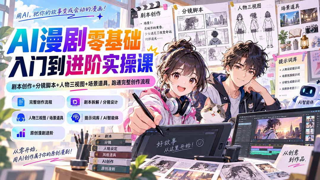 AI漫剧零基础入门到进阶实操课：剧本创作+分镜脚本+人物三视图+场景道具，跑通完整创作流程-资源后花园