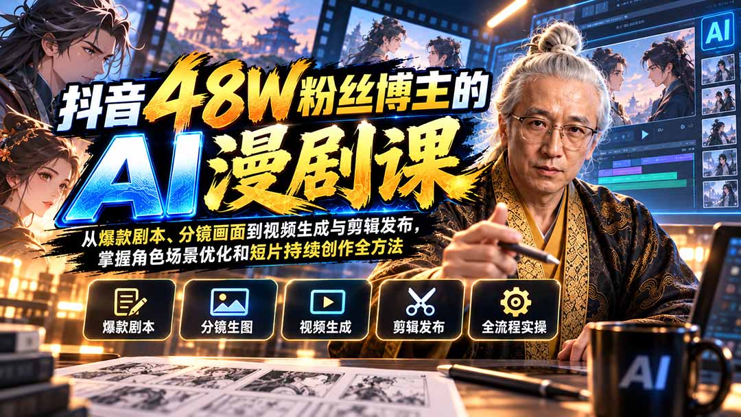 抖音48W粉丝博主的AI漫剧课：从爆款剧本、分镜画面到视频生成与剪辑发布，掌握角色场景优化和短片持续创作全方法-资源后花园