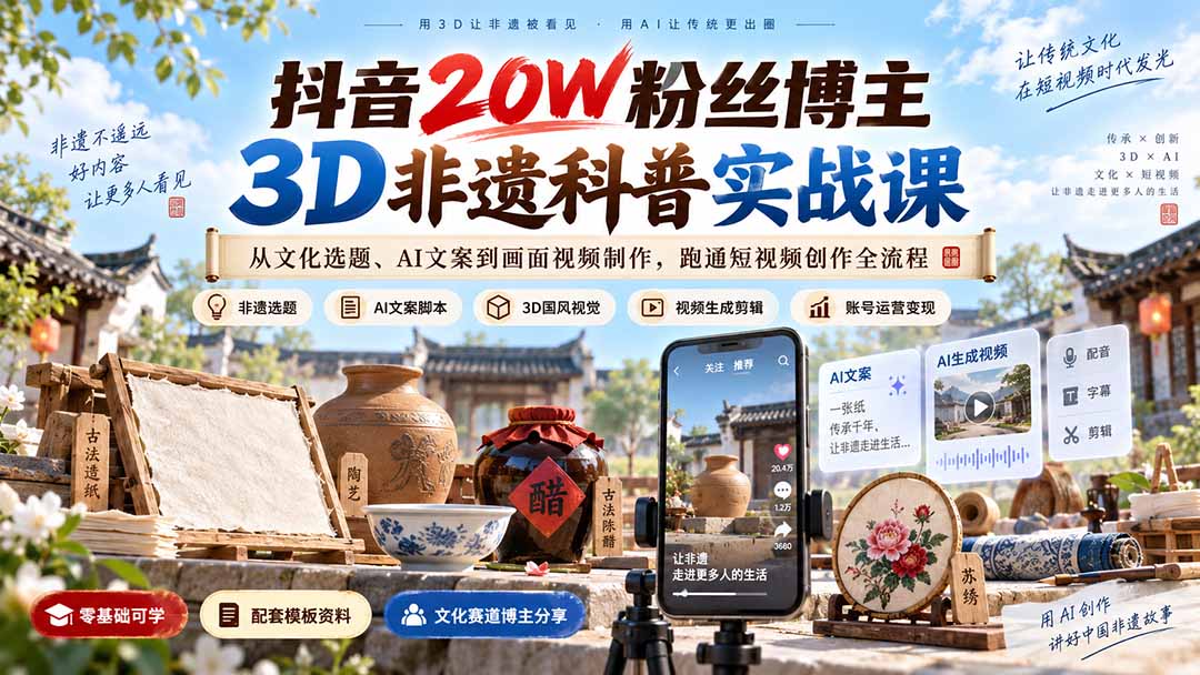 抖音20W粉丝博主3D非遗科普实战课：从文化选题、AI文案到画面视频制作，跑通短视频创作全流程-资源后花园