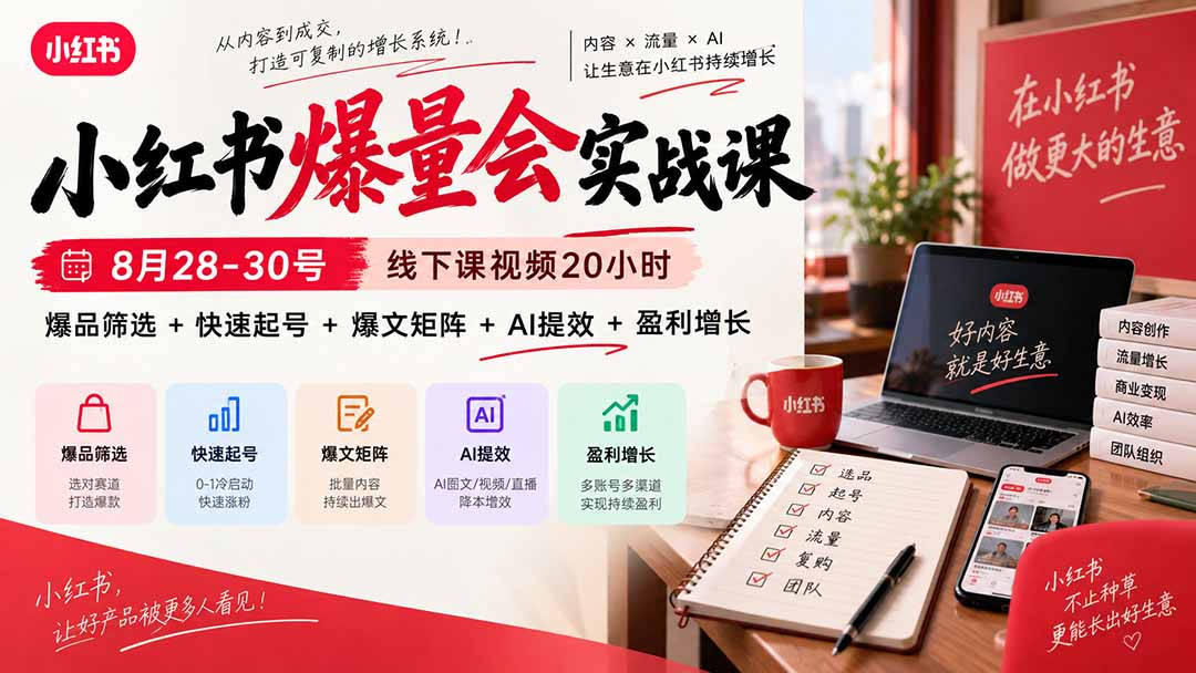 小红书爆量会实战课：8月28-30号线下课视频20小时，爆品筛选+快速起号+爆文矩阵+AI提效+盈利增长-资源后花园