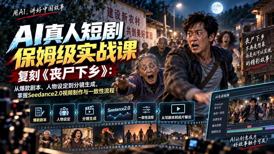 AI真人短剧保姆级实战课，复刻《丧尸下乡》：从爆款剧本、人物设定到分镜生成，掌握Seedance2.0视频制作与一致性流程-资源后花园