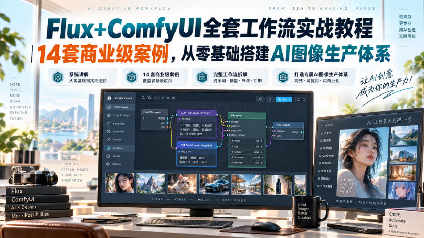 Flux+ComfyUI全套工作流实战教程|14套商业级案例,从零基础搭建AI图像生产体系-资源后花园