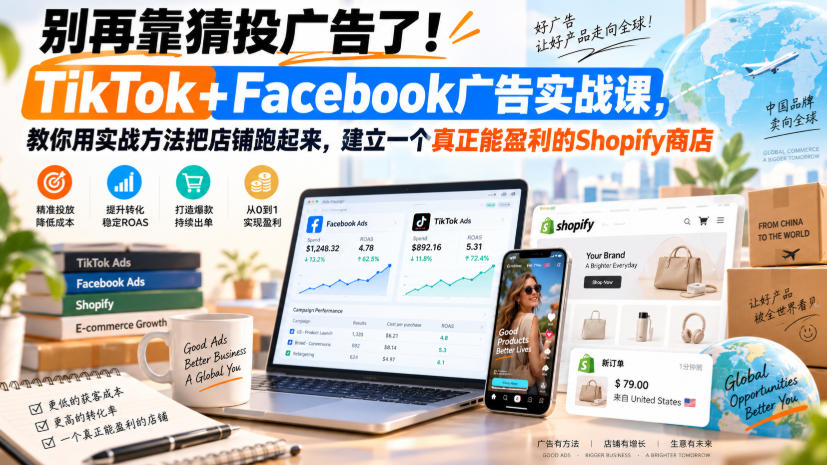 别再靠猜投广告了!TikTok+Facebook广告实战课,教你用实战方法把店铺跑起来,建立一个真正能盈利的Shopify商店【原创双语字幕】-资源后花园