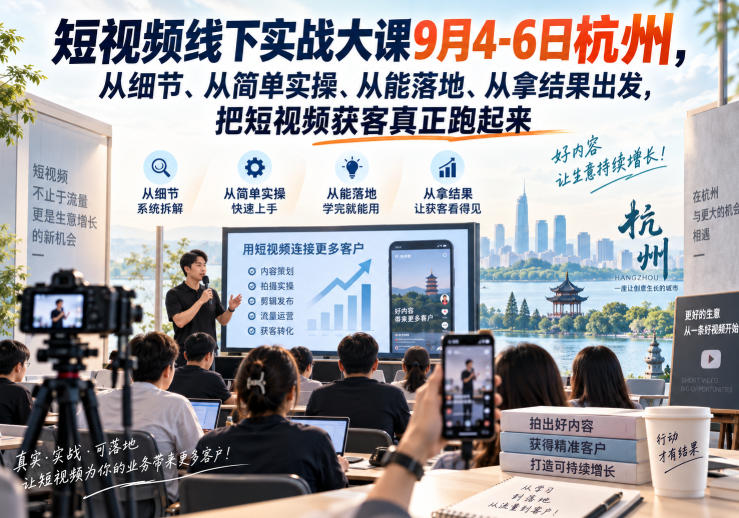 短视频线下实战大课9月4-6日杭州,从细节、从简单实操、从能落地、从拿结果出发,把短视频获客真正跑起来-资源后花园