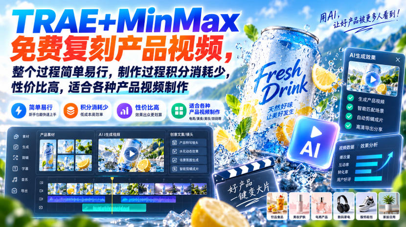 TRAE+MinMax免费复刻产品视频,整个过程简单易行,制作过程积分消耗少,性价比高,适合各种产品视频制作-资源后花园