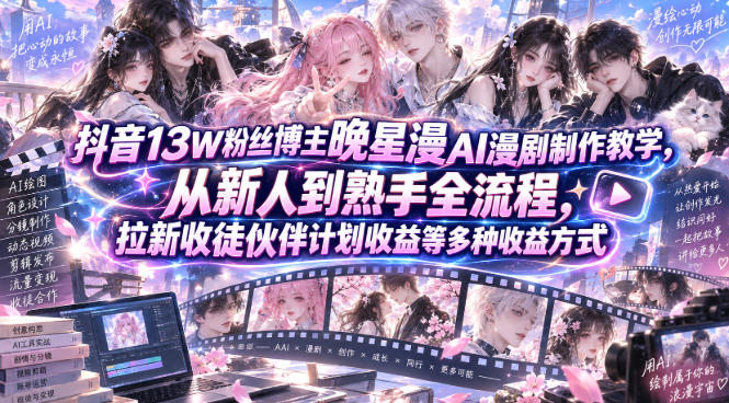 抖音13W粉丝博主晚星漫AI漫剧制作教学，从新人到熟手全流程，拉新收徒伙伴计划收益等多种收益方式，单日1K+-资源后花园