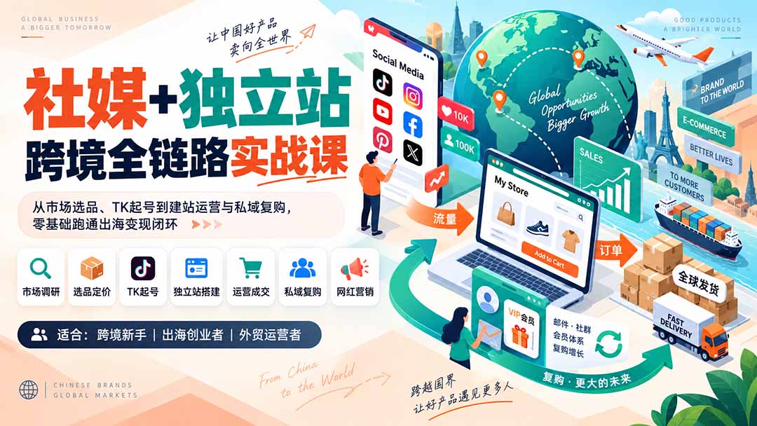 社媒+独立站跨境全链路实战课:从市场选品、TK起号到建站运营与私域复购,零基础跑通出海变现闭环
