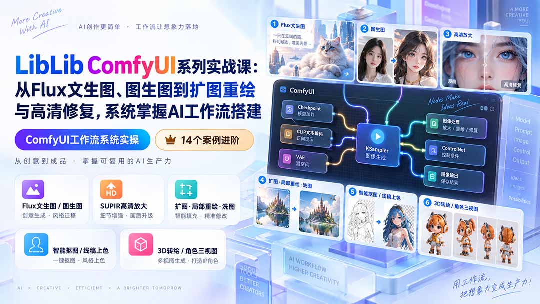 LibLib ComfyUI系列实战课：从Flux文生图、图生图到扩图重绘与高清修复，系统掌握AI工作流搭建-资源后花园