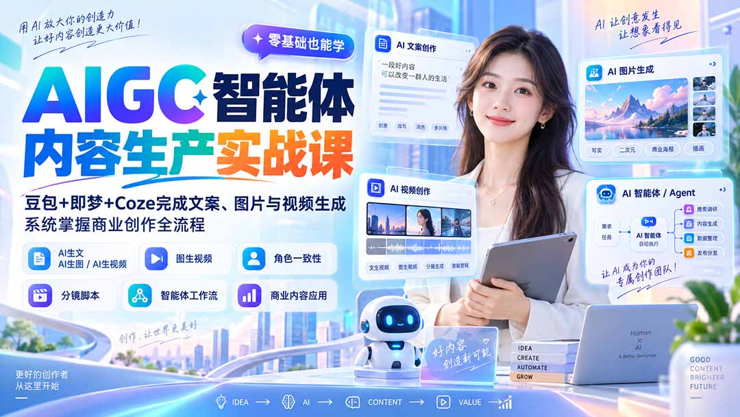 AIGC智能体内容生产实战课：豆包+即梦+Coze完成文案、图片与视频生成，系统掌握商业创作全流程-资源后花园