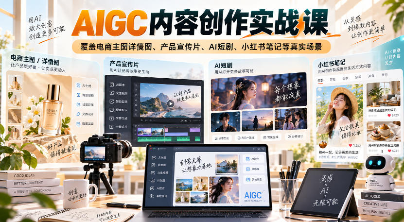 AIGC内容创作实战课，覆盖电商主图详情图、产品宣传片、AI短剧、小红书笔记等真实场景-资源后花园