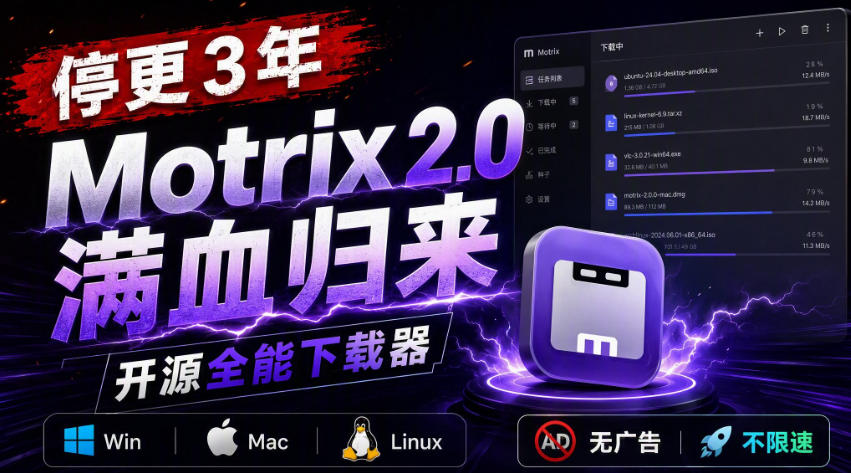 停更3年，Motrix 2.0满血归来：开源全能下载器，Win/Mac/Linux通吃，无广告不限速-资源后花园