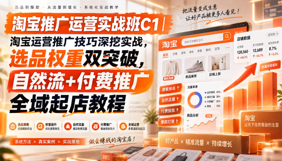 淘宝推广运营实战班C1｜淘宝运营推广技巧深挖实战，选品权重双突破，自然流+付费推广全域起店教程-资源后花园