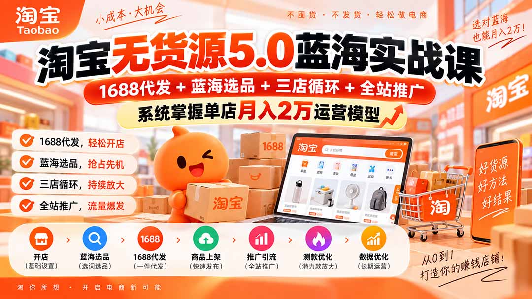 淘宝无货源5.0蓝海实战课-更新：1688代发+蓝海选品+三店循环+全站推广，系统掌握单店月入2万运营模型-资源后花园
